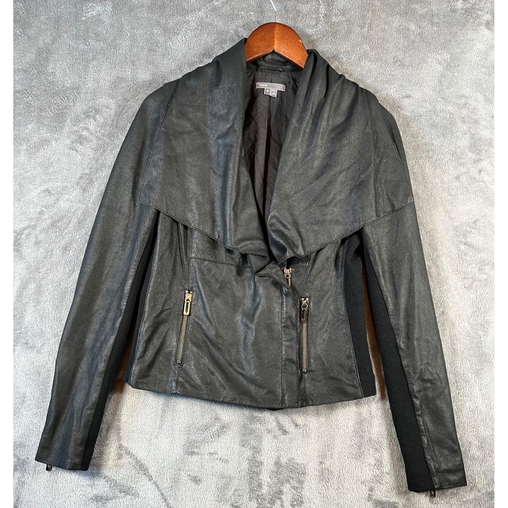 Vince Leather Jacket Womens Small Black Moto Draped Front Asymmetrical Designer